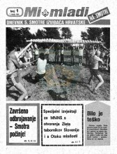 Naslovnica za izviđačke novine ''MI MLADI'' na Smotri - Dnevnik 5. smotre izviđača Hrvatske - br. 1, za 1. VII 1985. godine